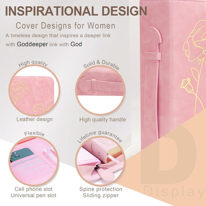 GUEER Bible Cover for Women, Bible Holder, Bible Cover Carrier Carrying Organizer Bag, God is Within Her She Will Not Fall, Zipper and Pockets for Standard Size Bible, Gift for Women(Pink-glod) - Image 2